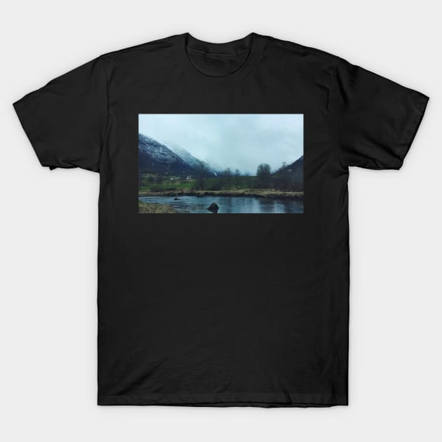 Foggy Norway Mountain Landscape T-Shirt by offdutyplaces